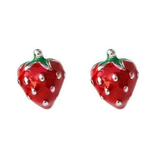 Tiny Red Strawberry Earrings Cute Mini Fruit Enamel Berries Post Berry Studs - Picture 3 of 5
